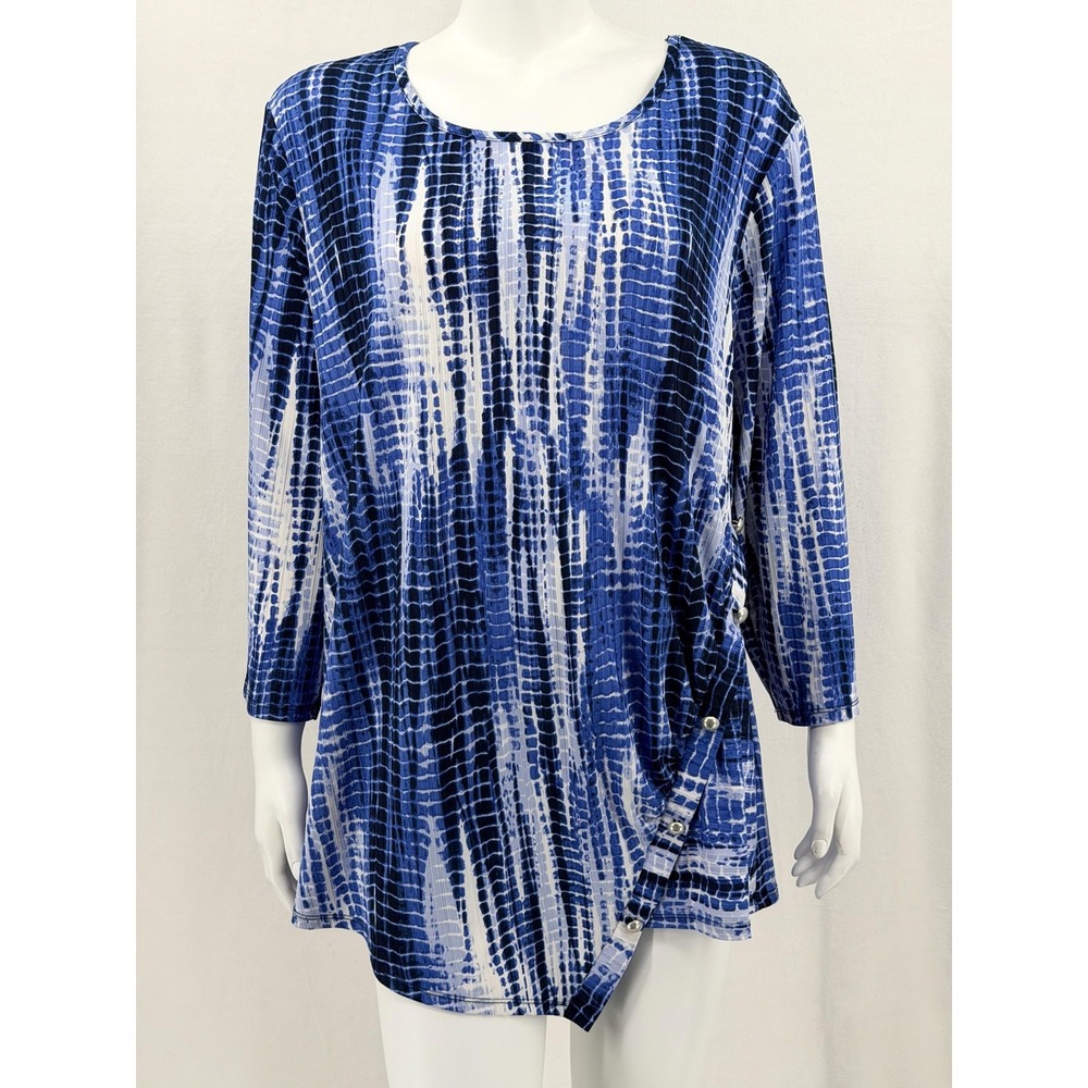 Sami & Jo Top Women 2X Blue Abstract Tunic Asymmetrical Hem Stretch Artsy Office